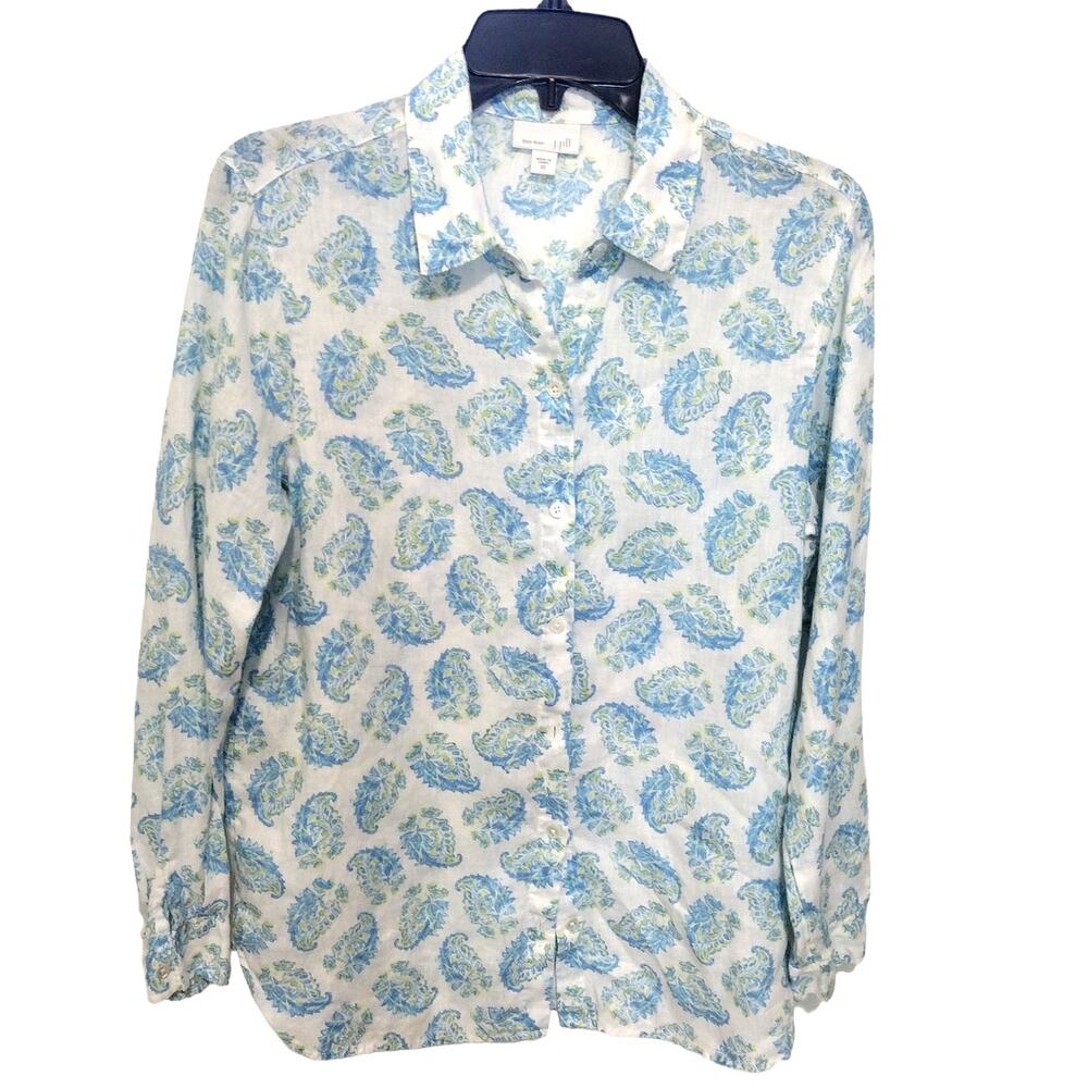 J. Jill Love Linen Paisley Button Down Top White/Green Women's Size XS Oversized